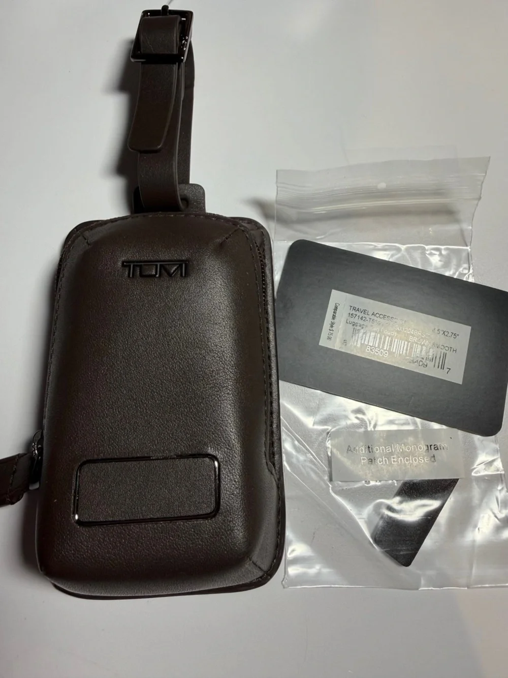 Tumi Dark Brown Leather Earbuds Travel ID Hangtag with Strap